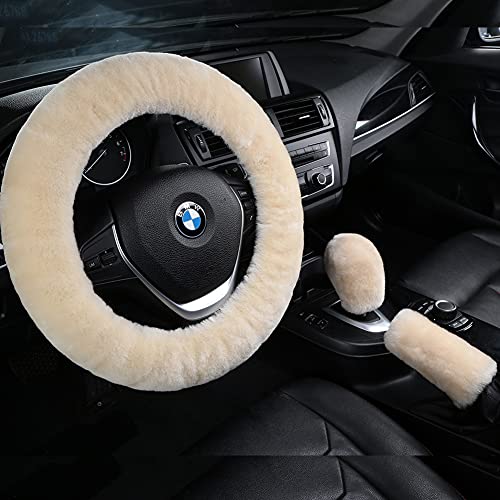 AOGELAN 3Pcs/Set Pure Wool Fur Furry Steering Wheel Cover, Soft Fluffy Handbrake Cover Gear Shift Cover for Women Car SUV Truck Australia Sheepskin Accessories - Image 1