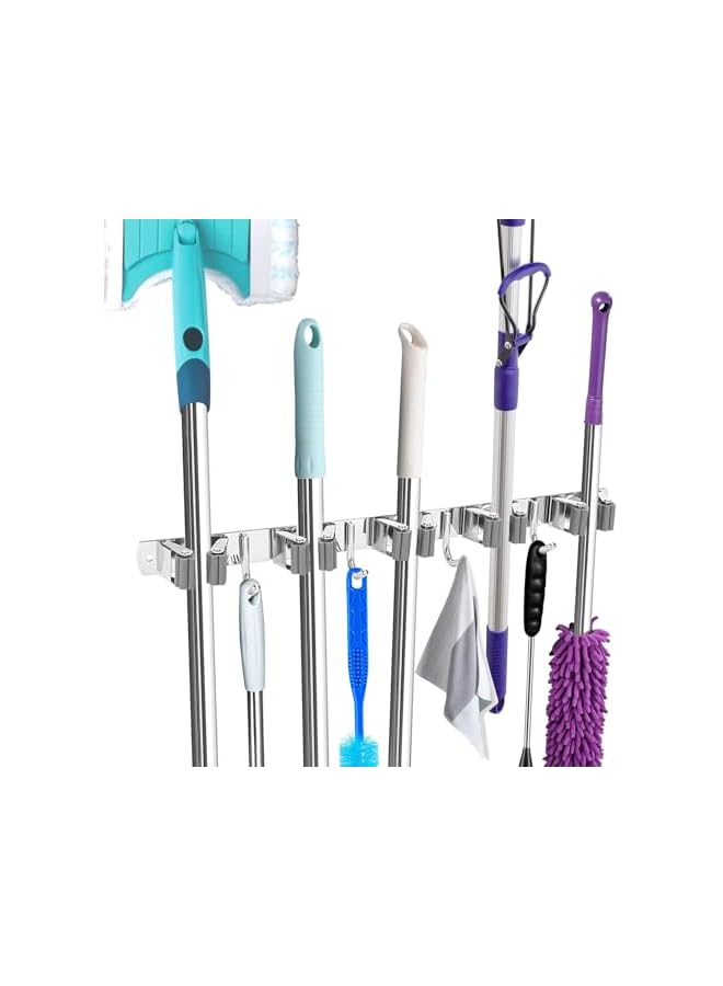 erorex Broom and Mop Holder Wall Mounted, Broom Hanger Storage Rack, Stainless Steel Mop Hanger, Dustpan Holders with 4 Racks and 5 Hooks, Heavy Duty utility hooks for hanging brooms mops - Image 2