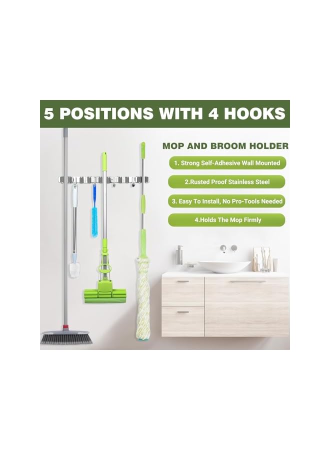 erorex Broom and Mop Holder Wall Mounted, Broom Hanger Storage Rack, Stainless Steel Mop Hanger, Dustpan Holders with 4 Racks and 5 Hooks, Heavy Duty utility hooks for hanging brooms mops - Image 3