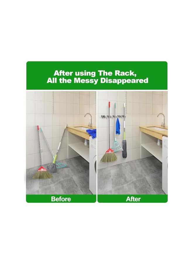 erorex Broom and Mop Holder Wall Mounted, Broom Hanger Storage Rack, Stainless Steel Mop Hanger, Dustpan Holders with 4 Racks and 5 Hooks, Heavy Duty utility hooks for hanging brooms mops - Image 4