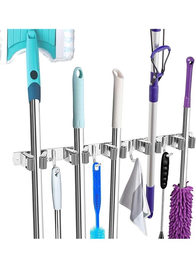 erorex Broom and Mop Holder Wall Mounted, Broom Hanger Storage Rack, Stainless Steel Mop Hanger, Dustpan Holders with 4 Racks and 5 Hooks, Heavy Duty utility hooks for hanging brooms mops - Image 1