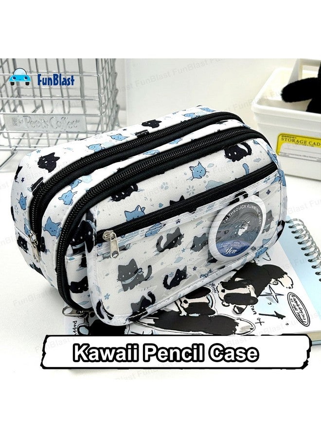 فنبلاست حقيبة أقلام فن بلاست للبنات - حقيبة أقلام كاواي، منظم أقلام أنيق، حقيبة تنظيم أدوات مكتبية كبيرة السعة، حقيبة متعددة الأغراض بسحاب للأطفال والكبار (طبعة قطة) - Image 5