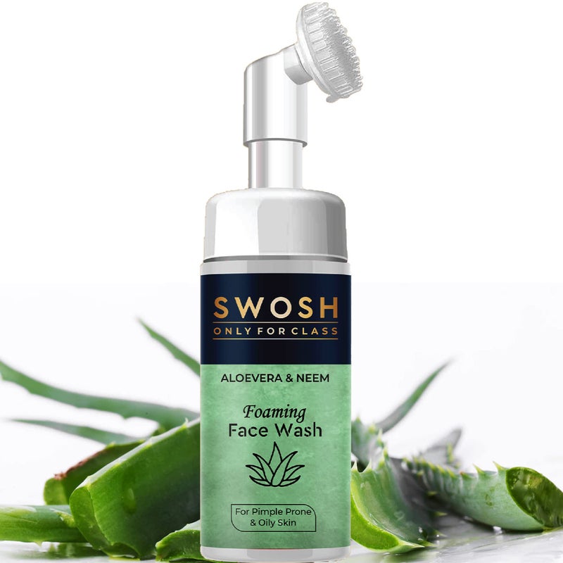 SWOSH Aloe Vera & Neem Foaming Face Wash for Pimple Prone & Oily Skin- No Parabens, Sulphate, Silicones & Color (with Built-in Face Brush), 100 ml/ 3.38 fl oz - Image 1