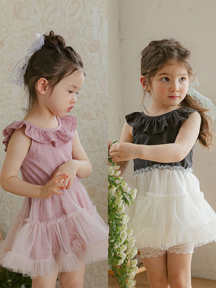 2025 Summer Strawberry Shaman South Korea Children And Girls Xianmei Lace-Up Bow Philippine Edge Mesh Vest Dress - Image 2