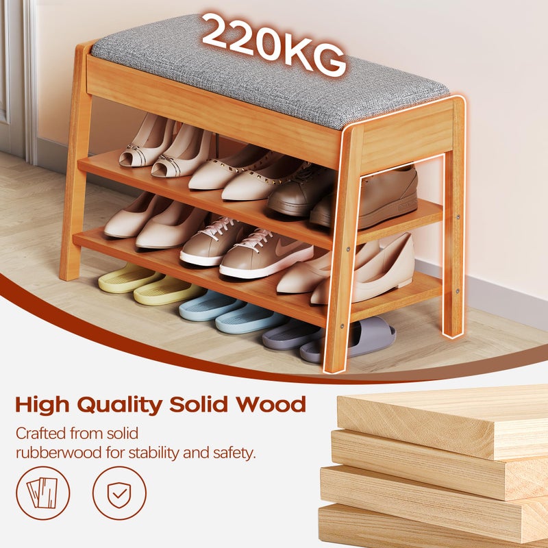 PARTPHONER Shoe Rack Bench with Storage, 2-Tier Solid Wood Entryway Bench with Cotton-Linen Cushion, Multipurpose Storage Organizer Bench for Bedroom, Hallway, Living Room, 31.5â€ - Image 3
