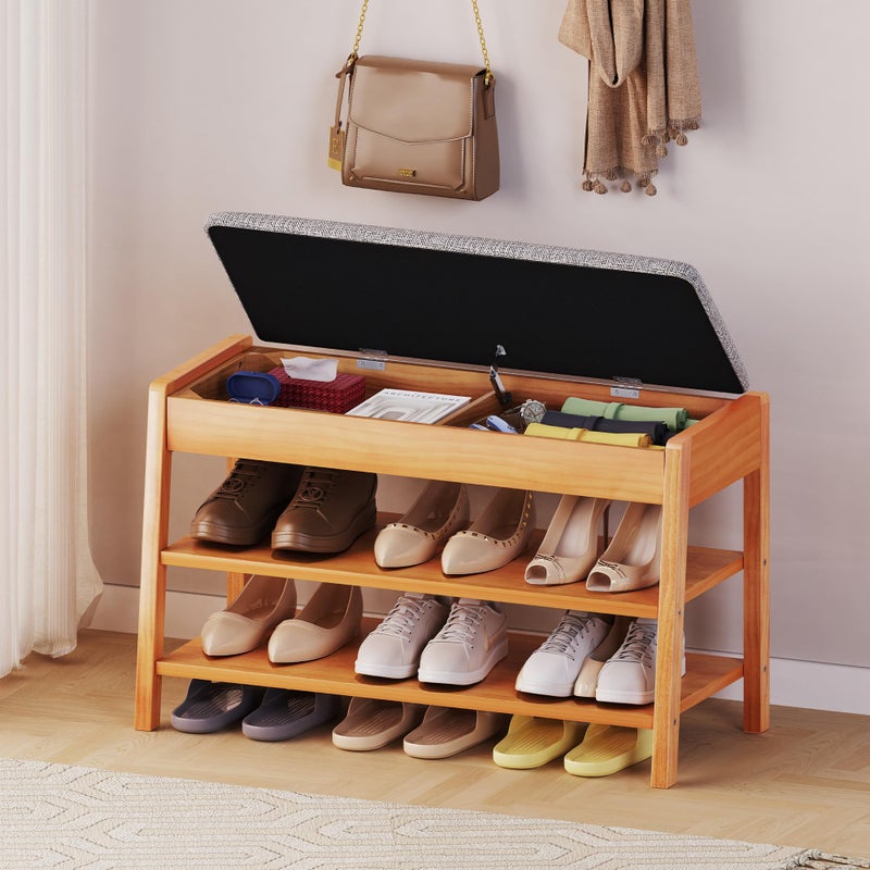 PARTPHONER Shoe Rack Bench with Storage, 2-Tier Solid Wood Entryway Bench with Cotton-Linen Cushion, Multipurpose Storage Organizer Bench for Bedroom, Hallway, Living Room, 31.5â€ - Image 1