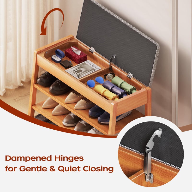 PARTPHONER Shoe Rack Bench with Storage, 2-Tier Solid Wood Entryway Bench with Cotton-Linen Cushion, Multipurpose Storage Organizer Bench for Bedroom, Hallway, Living Room, 31.5â€ - Image 4