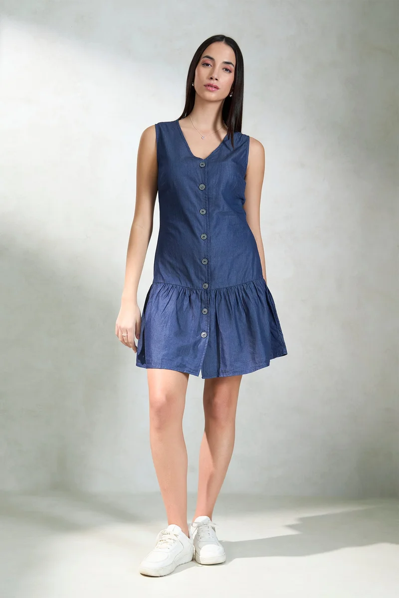 Virgio Solid Cotton Button Down Denim Dress for Women