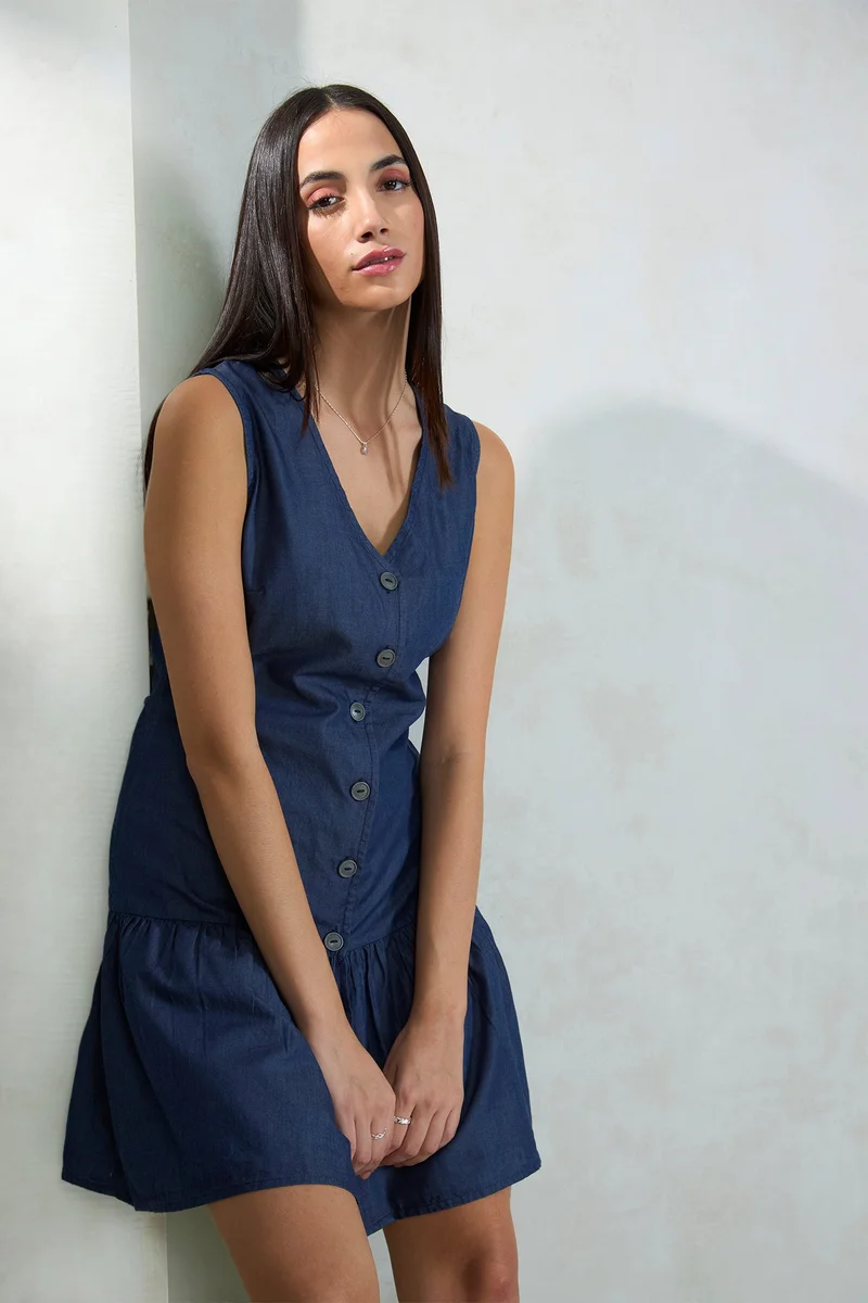 Virgio Solid Cotton Button Down Denim Dress for Women