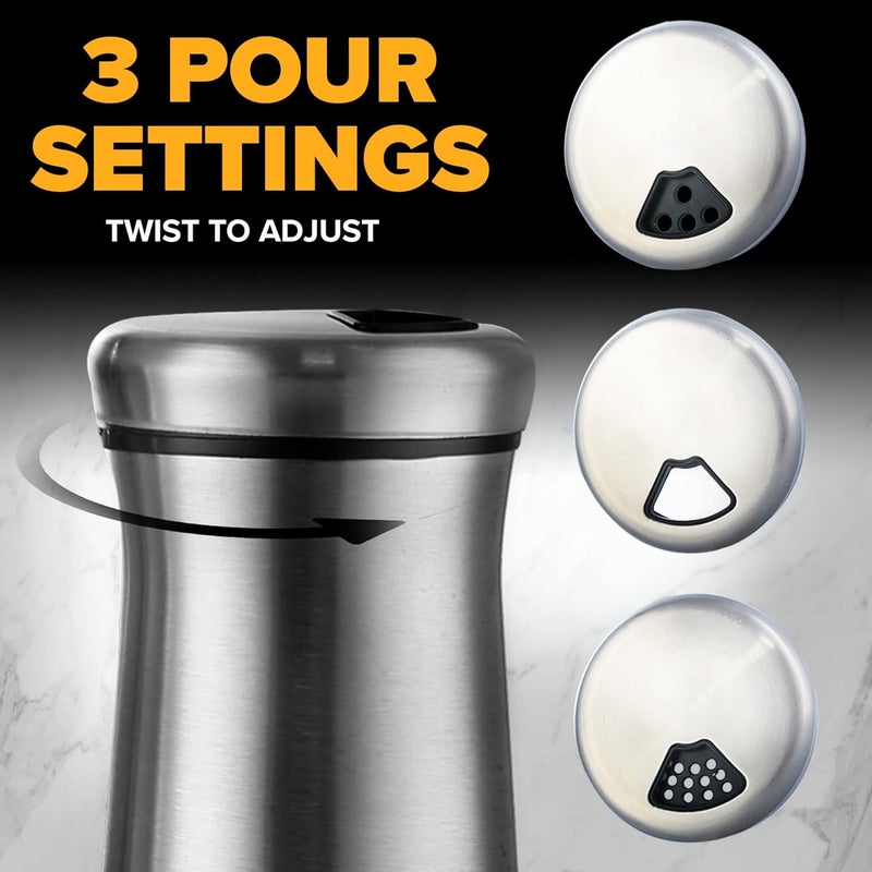 SP HOME GOODS The Original Salt and Pepper Shakers set - Silver- Spice Dispenser with Adjustable Pour Holes - Stainless Steel & Glass Set of 2 Bottles - Image 2