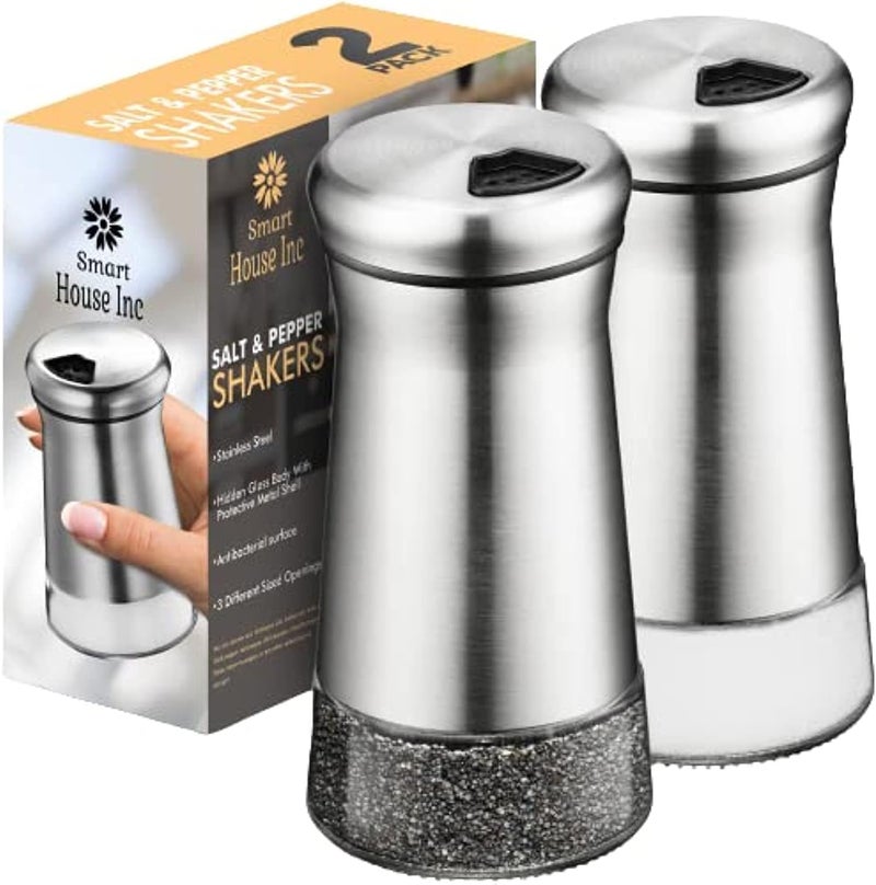 SP HOME GOODS The Original Salt and Pepper Shakers set - Silver- Spice Dispenser with Adjustable Pour Holes - Stainless Steel & Glass Set of 2 Bottles - Image 1