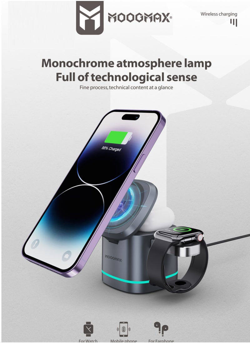 MOOGMAX Magnetic suction 3-in-1Wireless charging , features by safe charging,15W charging phones, 3W charging (Apple Watches) ,2.5W for any wireless earphones  - Image 3