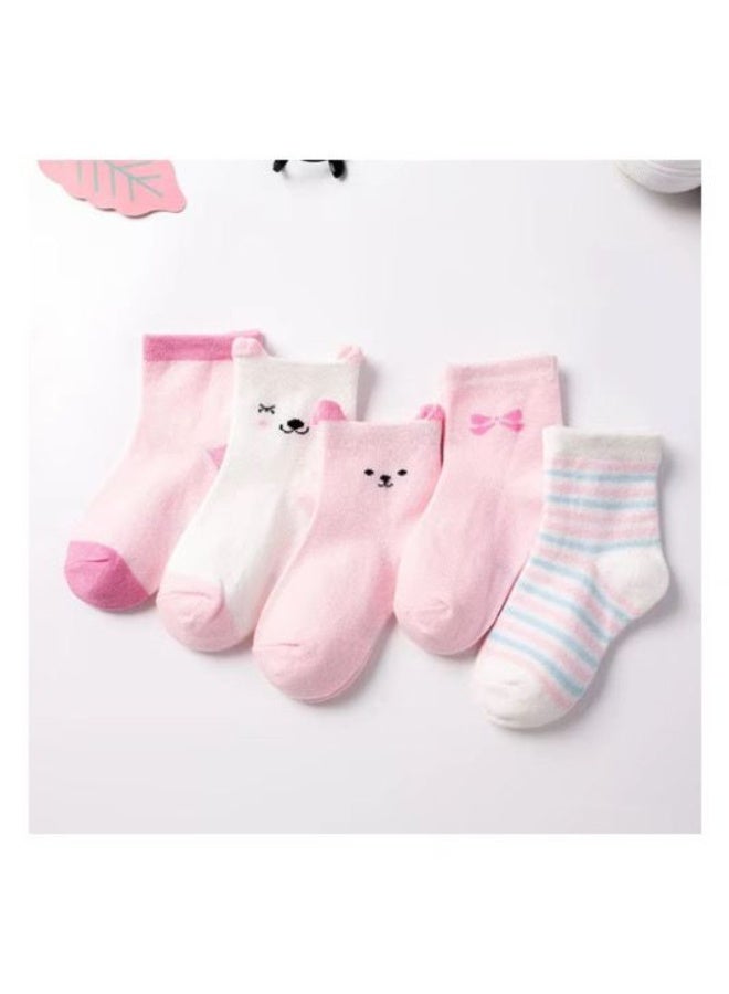 Lion Llama Kids Socks Set of 5 Pairs | Cotton Crew Socks for Girls, Cute Animal Face | Bow & Stripe Design | Kids Sizes