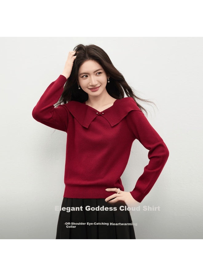 Sentubila Shangdu Bila New Year Red Off-shoulder Collar Wool Blend Stretch Knit Sweater Women Spring Gentle Design Long Sleeve Top - Image 1