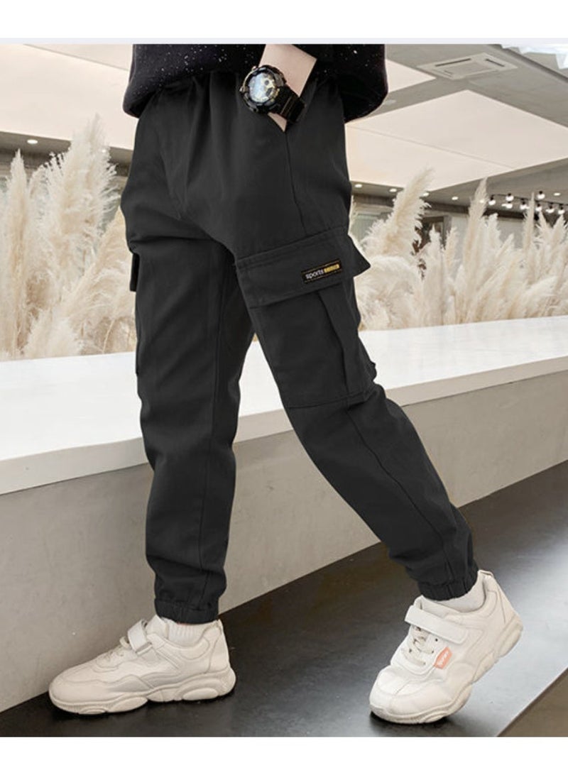 Boys Kids Casual Cargo Pants Hiking Pants Solid Color Cotton Slim Fit Sweatpants Trousers for Sports Dancewear, Perfect for Outdoor - Image 1