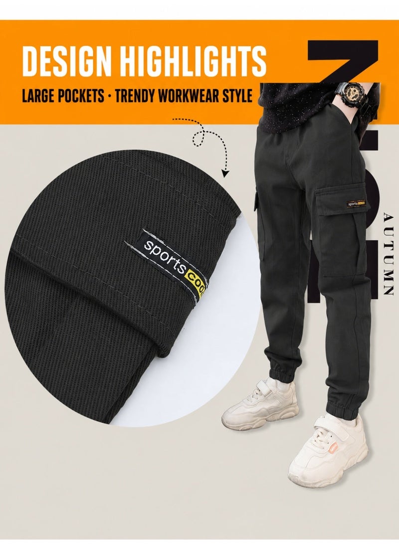 Boys Kids Casual Cargo Pants Hiking Pants Solid Color Cotton Slim Fit Sweatpants Trousers for Sports Dancewear, Perfect for Outdoor - Image 2