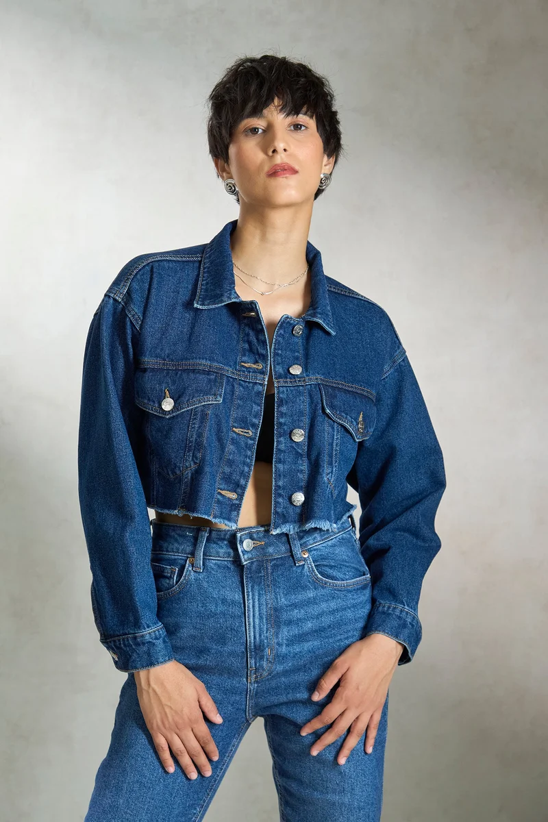 فيرجيو Denim Cotton Denim Cropped Trucker Jacket for Women