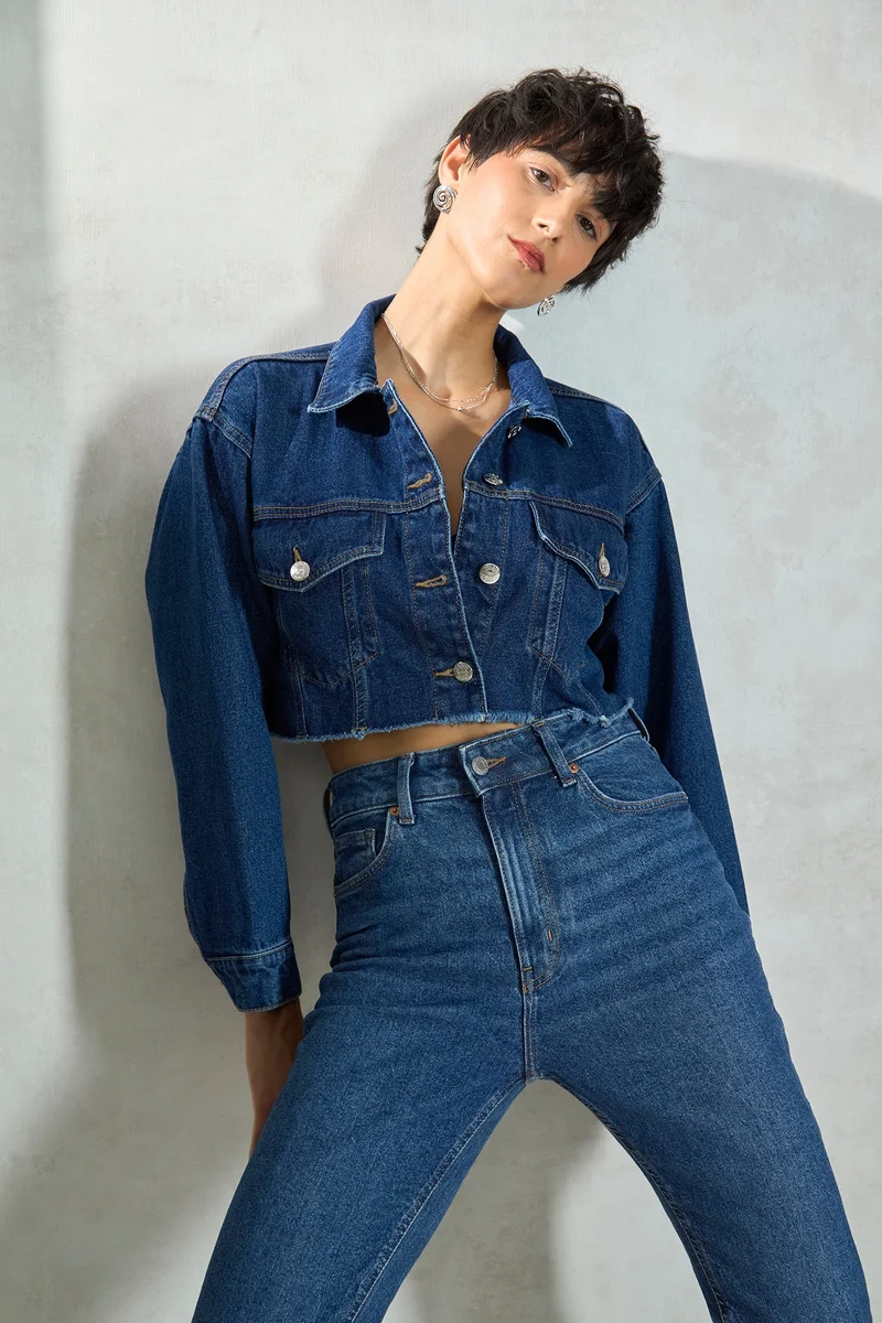 فيرجيو Denim Cotton Denim Cropped Trucker Jacket for Women
