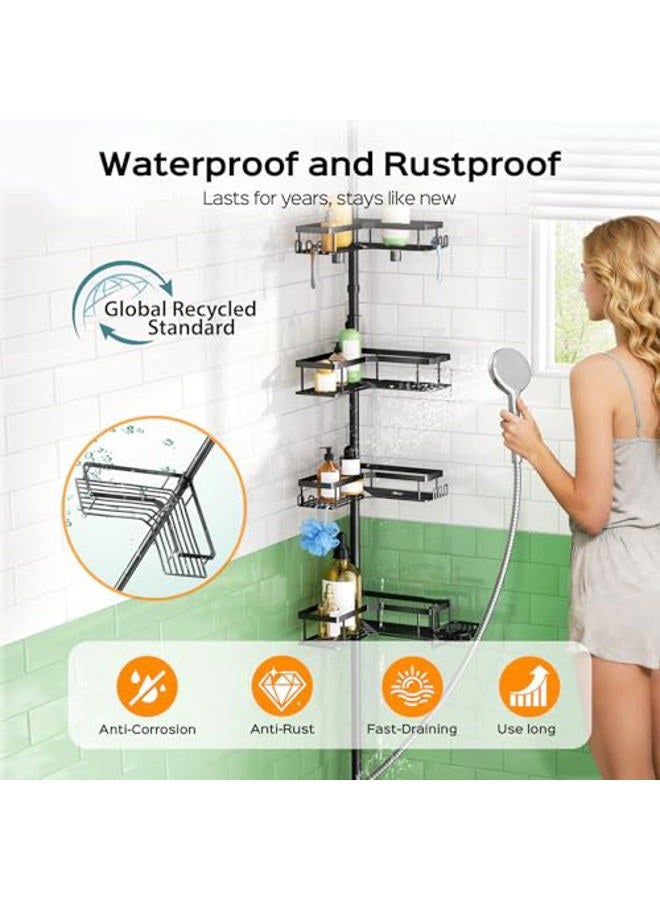 HAMITOR Shower Caddy Tension Pole: 4-Tier Corner Rustproof Bathroom Organizer with Soap Holder & Hooks - No-Drill Adjustable Shower Shelf for Renters - Family Stand Storage Rack - 47-123 Inch Black - Image 2