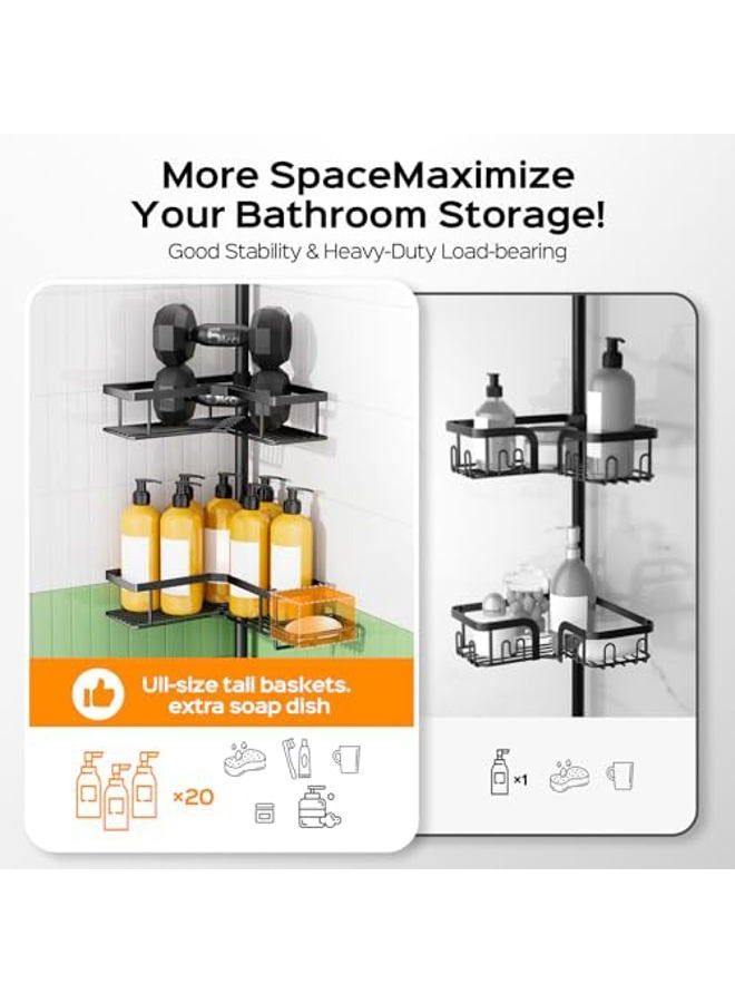 HAMITOR Shower Caddy Tension Pole: 4-Tier Corner Rustproof Bathroom Organizer with Soap Holder & Hooks - No-Drill Adjustable Shower Shelf for Renters - Family Stand Storage Rack - 47-123 Inch Black - Image 5