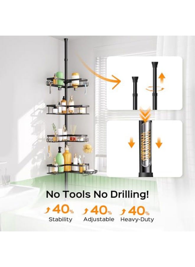 HAMITOR Shower Caddy Tension Pole: 4-Tier Corner Rustproof Bathroom Organizer with Soap Holder & Hooks - No-Drill Adjustable Shower Shelf for Renters - Family Stand Storage Rack - 47-123 Inch Black - Image 3