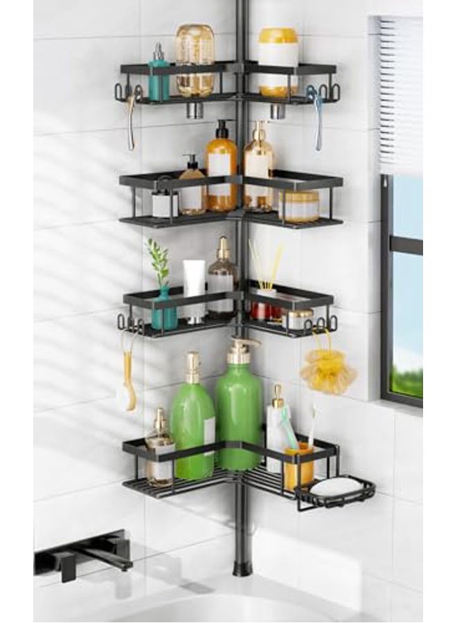 HAMITOR Shower Caddy Tension Pole: 4-Tier Corner Rustproof Bathroom Organizer with Soap Holder & Hooks - No-Drill Adjustable Shower Shelf for Renters - Family Stand Storage Rack - 47-123 Inch Black - Image 1