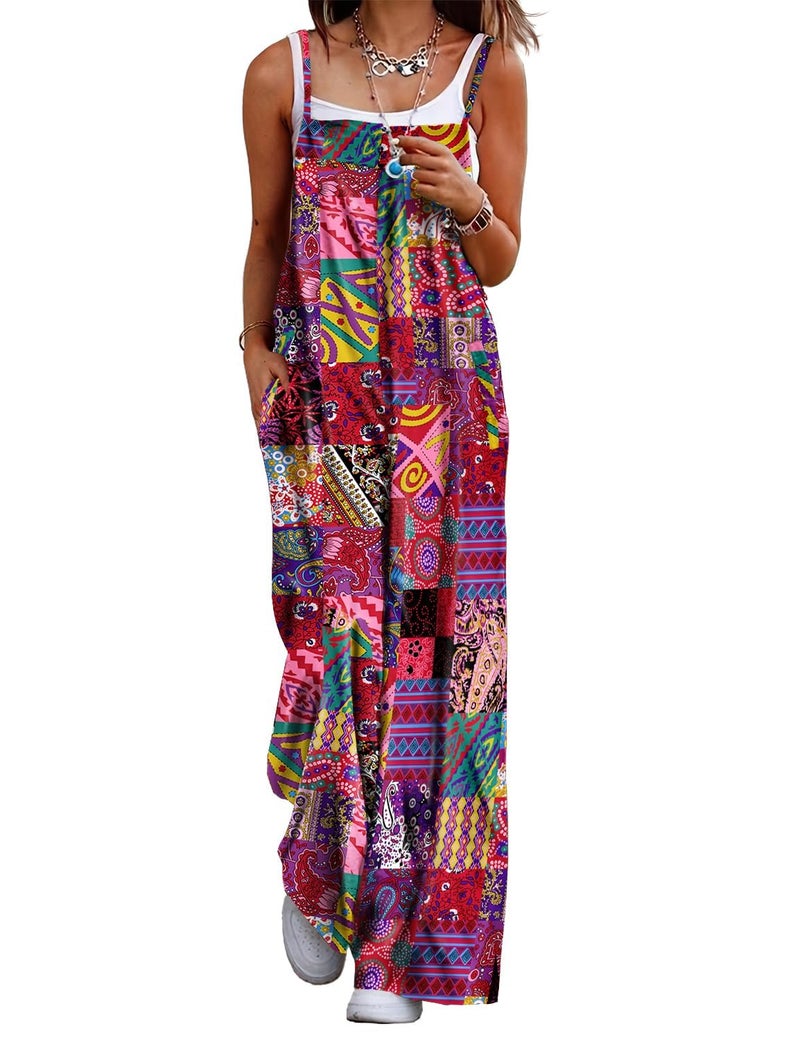YESNO Women's Summer Boho Cotton Casual Jumpsuits Wide Leg Overalls Floral Print Baggy Rompers with Pockets M PZZCR P002R - Image 1