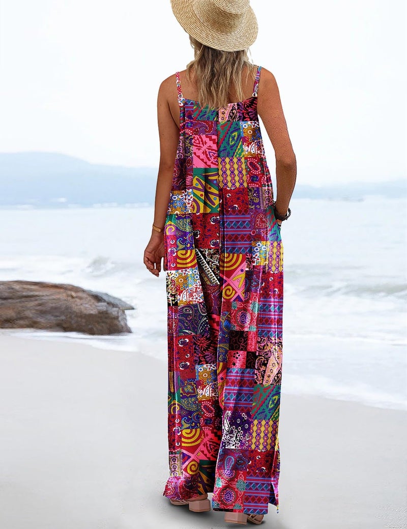 YESNO Women's Summer Boho Cotton Casual Jumpsuits Wide Leg Overalls Floral Print Baggy Rompers with Pockets M PZZCR P002R - Image 3