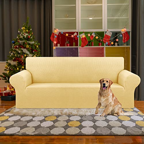 KEKUOU Stretch Sofa Cover Slipcover ，Couch Covers for 3 Cushion Couch Sofa pet Friendly (78"-94") Furniture Protector Sofa with Elastic Bottom for Kids,Dog, Jacquard Small Checked(Large,Champagne) - Image 2