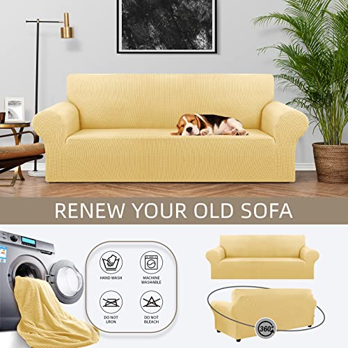 KEKUOU Stretch Sofa Cover Slipcover ，Couch Covers for 3 Cushion Couch Sofa pet Friendly (78"-94") Furniture Protector Sofa with Elastic Bottom for Kids,Dog, Jacquard Small Checked(Large,Champagne) - Image 3