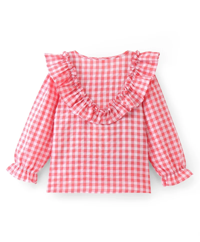 babyhug Babyhug Seer Sucker Full Sleeves Frill Detailing Checks Top - Light Pink
