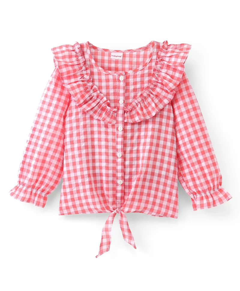 babyhug Babyhug Seer Sucker Full Sleeves Frill Detailing Checks Top - Light Pink