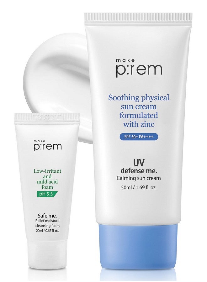 MAKEP:REM Makeprem Uva Uvb Defense Me Calming Sun Cream Vegan Sunblock Spf 50+ Pa++++ 1.69 Fl Oz Reef-Safe Non-Nano Mineral Sunscreen Broad Uv Protection Blue Ray Dry Sensitive Acne-Prone Oily Skin No Chemical - Image 1
