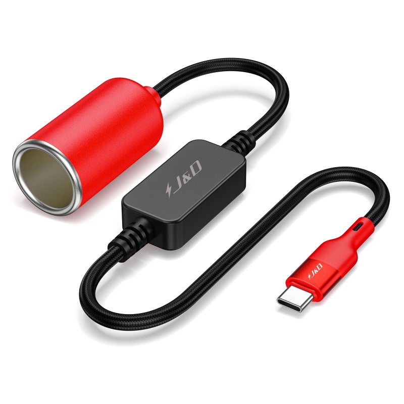 محول كابل JD USB C ذكر إلى مقبس ولاعة سجائر سيارة 12V أنثى 12V 18W لكاميرا داش GPS أضواء LED سيارة شرائط حمراء 1 قدم