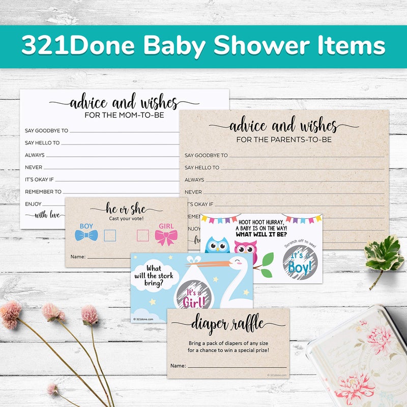 321Done Advice and Wishes for the New Baby, Made in USA - 4x6 White, Fun Baby Shower Game Ideas for Mom-To-Be, Parents-To-Be, Gender Reveal Party Supply, Decorations, Keepsake - 50 Cards - Image 5
