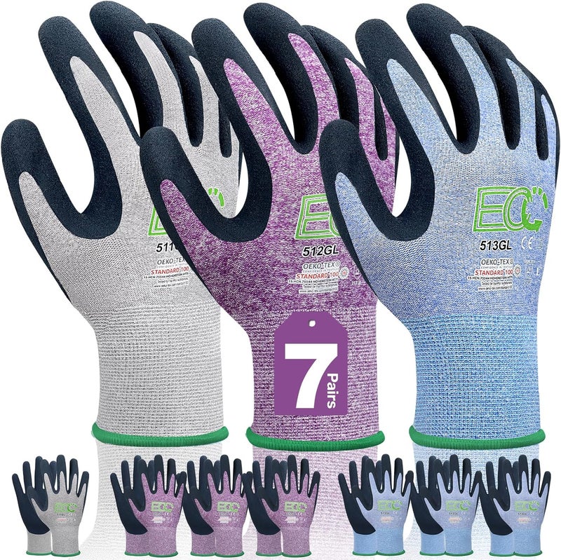 KANGLONGDA 7 Pairs Women Gardening Gloves, EN388 2131X Outdoor Protective Work Gloves with Breathable Micro-Foam Coating for Gardening, General Purpose, Courtyard, 3 Purple + 3Blue +1 Grey - Image 1