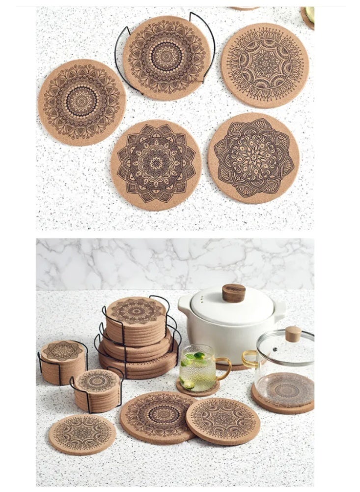 6-Piece Heat Resistant Set: Coasters & Pot Mats with Cork Base + Metal Holder | Wooden Insulation Mat for Table, Coffee, Tea - Image 5
