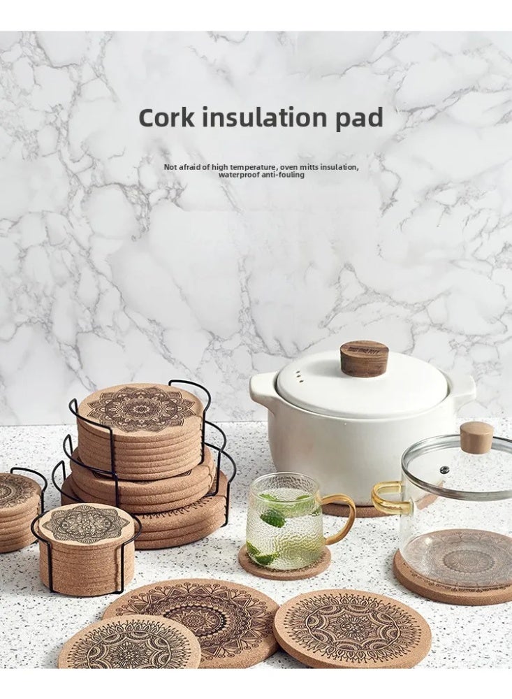 6-Piece Heat Resistant Set: Coasters & Pot Mats with Cork Base + Metal Holder | Wooden Insulation Mat for Table, Coffee, Tea - Image 4