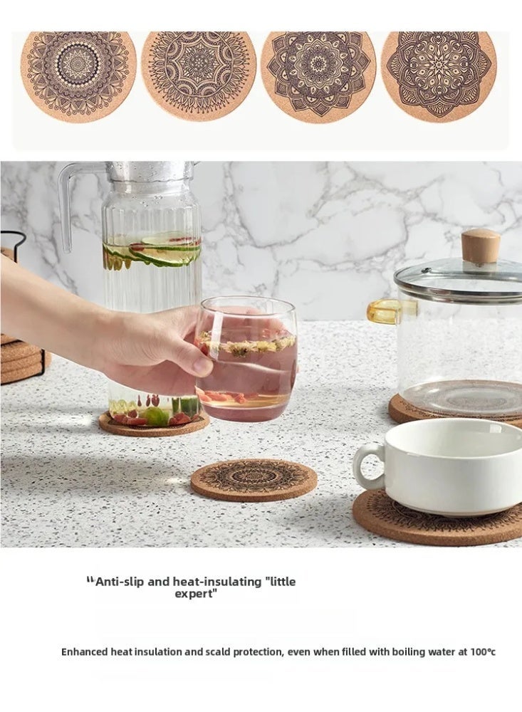 6-Piece Heat Resistant Set: Coasters & Pot Mats with Cork Base + Metal Holder | Wooden Insulation Mat for Table, Coffee, Tea - Image 3