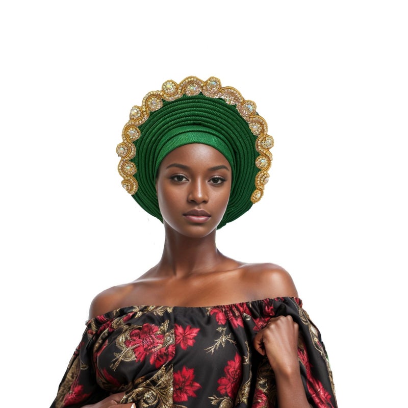 JRZXTWL African Women's Turban Hat Stylish Gele Gemstone Headpiece, perfect for wedding parties. Auto Gele HeadtiesNigerian toe cap (Polyester, green) - Image 2
