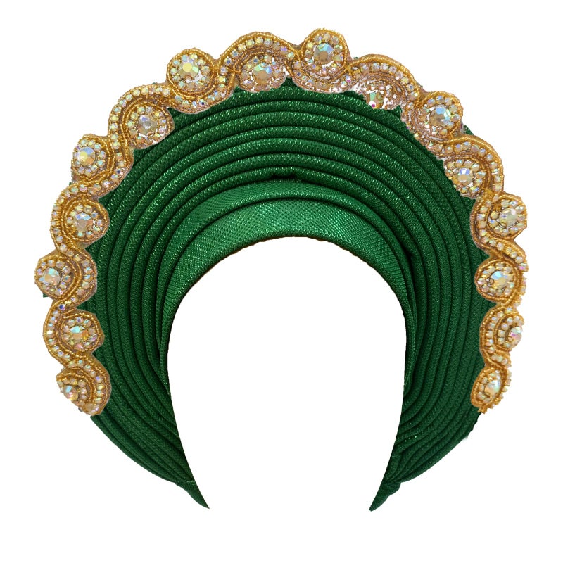 JRZXTWL African Women's Turban Hat Stylish Gele Gemstone Headpiece, perfect for wedding parties. Auto Gele HeadtiesNigerian toe cap (Polyester, green) - Image 1