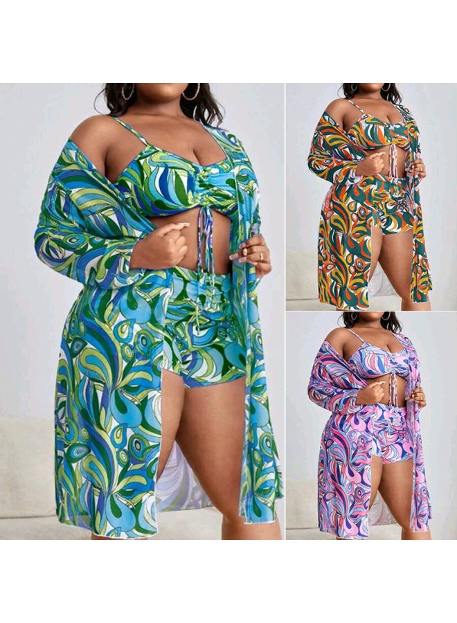 European And American Three-piece Set Plus-size Swimsuit Women's Long Blouse High Waist Boxer Women's Swimwear Swimsuit-Color:Suit One- XXL - Image 2