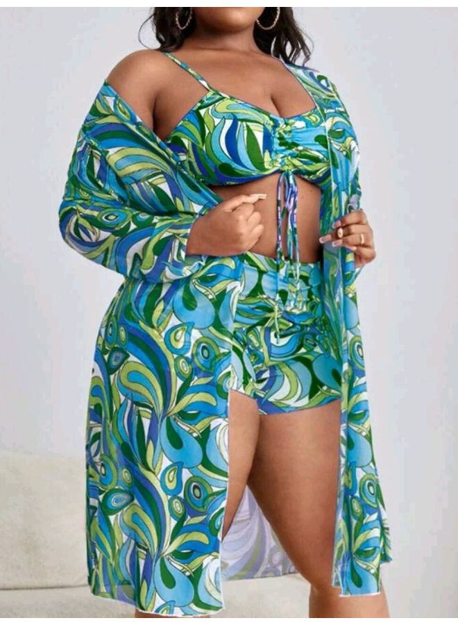 European And American Three-piece Set Plus-size Swimsuit Women's Long Blouse High Waist Boxer Women's Swimwear Swimsuit-Color:Suit One- XXL - Image 1