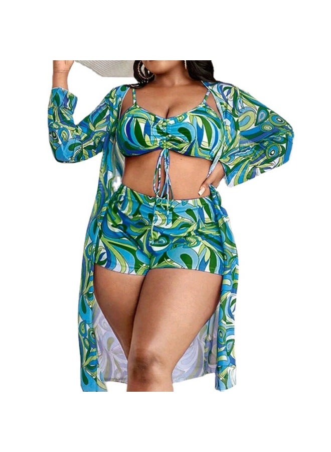 European And American Three-piece Set Plus-size Swimsuit Women's Long Blouse High Waist Boxer Women's Swimwear Swimsuit-Color:Suit One- XXL - Image 3