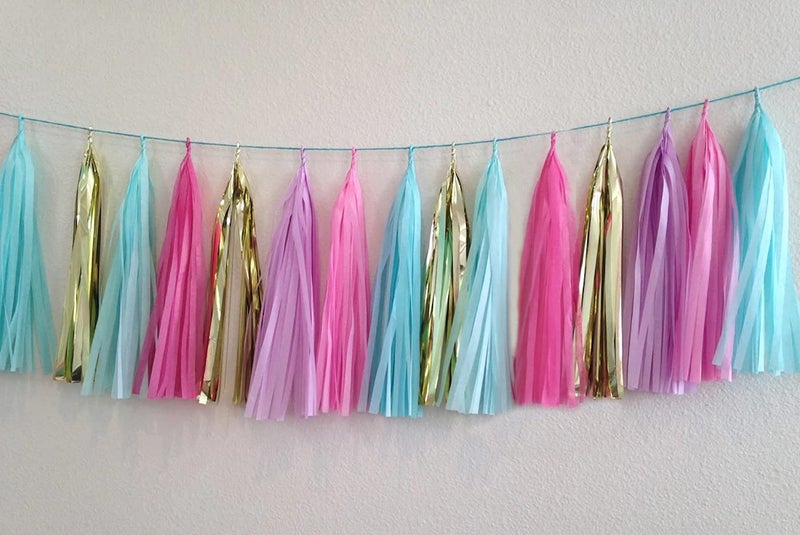 AMFIN 20 Pieces 2 Meter Paper Tassels for Decoration Paper Tassels Garland Paper Tassel for Party Paper Tassels Birthday Decoration items Baby Purple Baby Pink Light Blue Golden