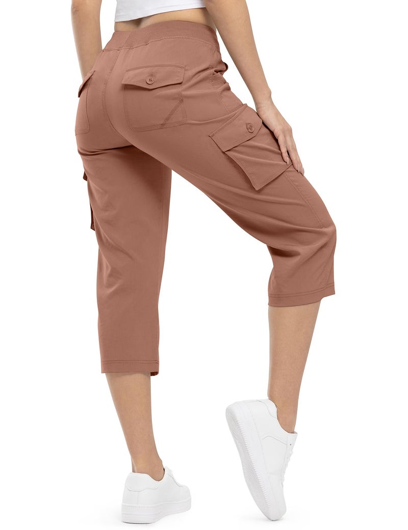 TBMPOY Womens Cargo Capris Hiking Lightweight Pants 6 Pockets Quick Dry Casual Outdoor Trip Loose Shorts Cropped Cotton Grayish PurpleRed L - Image 2