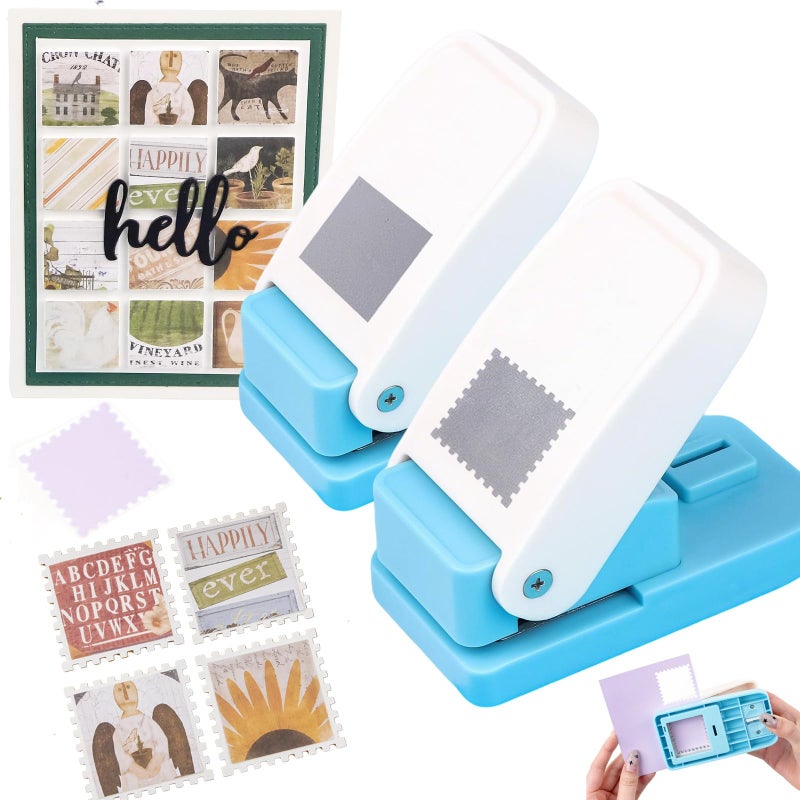 CYFUN DESIGN 2 Pcs Stamp Punch, 1 Inch Square Hole Punch & 1 Inch Square Postage Stamps Punches, Stamps Shaped Paper Puncher, Stamp Cutter, Portable Lever Craft Punches for Paper Crafting DIY Scrapbooking - Image 1
