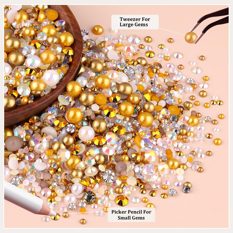 TINKRSTUFF 14000PCS Flatback Pearls and Gold Rhinestones for Bedazzling Kit, White Brown Mixed Size 3-10mm Resin Rhinestones Gems and Half Pearls for Crafting, Nail Art Crafts Decoration - Image 4