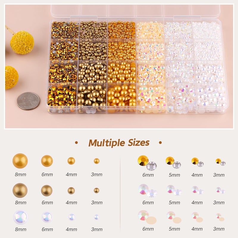 TINKRSTUFF 14000PCS Flatback Pearls and Gold Rhinestones for Bedazzling Kit, White Brown Mixed Size 3-10mm Resin Rhinestones Gems and Half Pearls for Crafting, Nail Art Crafts Decoration - Image 2