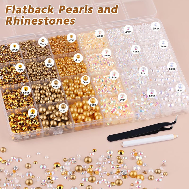 TINKRSTUFF 14000PCS Flatback Pearls and Gold Rhinestones for Bedazzling Kit, White Brown Mixed Size 3-10mm Resin Rhinestones Gems and Half Pearls for Crafting, Nail Art Crafts Decoration - Image 3